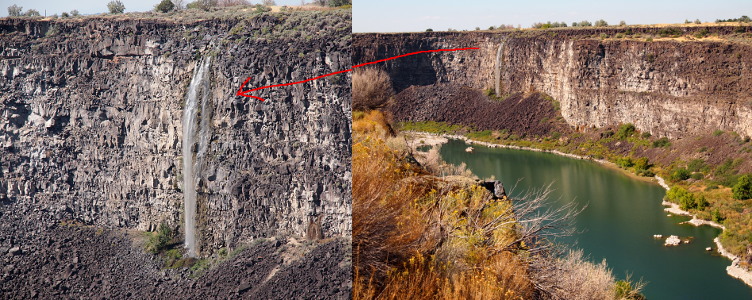 [Two photos spliced together. The image on the left is a close view of the waterfall which comes out of the canyon wall a short distance from the top and then drops to the stone hillside below. The stone hillside is built up to approximately one third the height of the canyon. The entire canyon wall and the river are visible in the image on the right. A red arrow extends from the waterfall's location on the right photo to its location in the left photo. Because of the coloring of the rock, the waterfall nearly blends into the image on the right so the arrow is helpful in identifying it.]